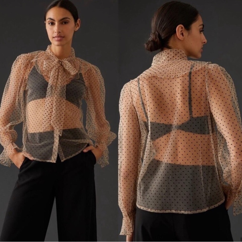 Anthropologie Dolan Sheer Polka Dot Bow Blouse Size XXS Beige Black Ditzy Twee